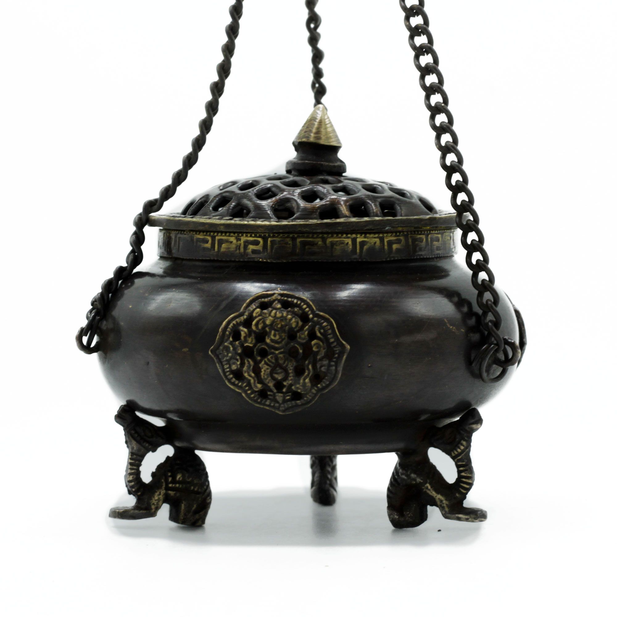 Lrg Brass Tibetan Burner - Four Symbol Hanging Pot - Image 2