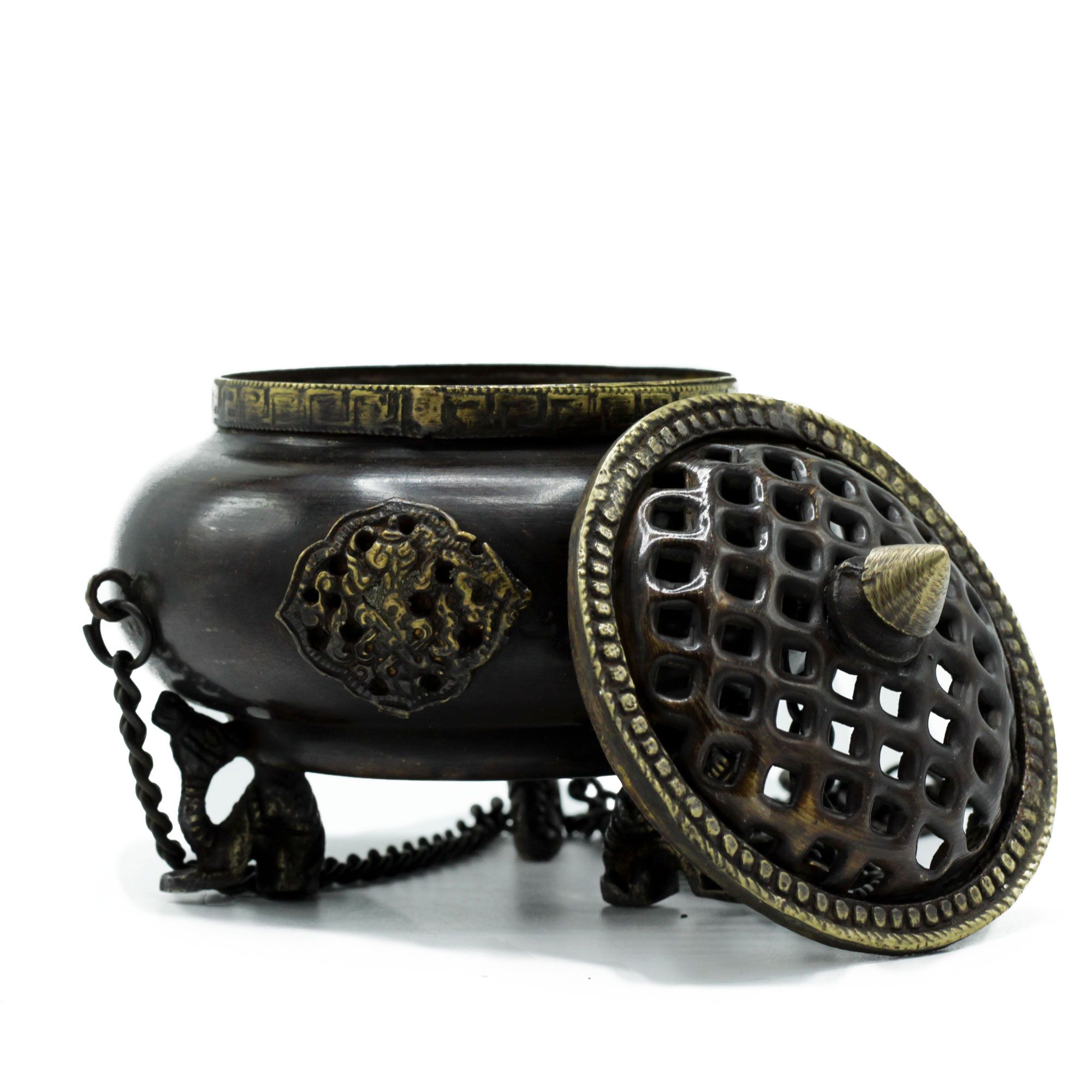 Lrg Brass Tibetan Burner - Four Symbol Hanging Pot - Image 3