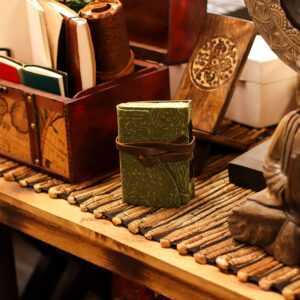 Fat Deckled Leather Notebook – Green Maze Pattern – 12.7×8.9 cm