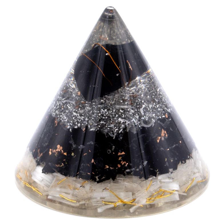 bG9jYWw6Ly9tZWRpYS85UC82Qy82MFIzMEMxRzZSUks2QzlQLzQ1YzI5NmNlLmpwZWc.jpg Orgonite Cone - Selenite and Black Toumaline Copper - 90 mm