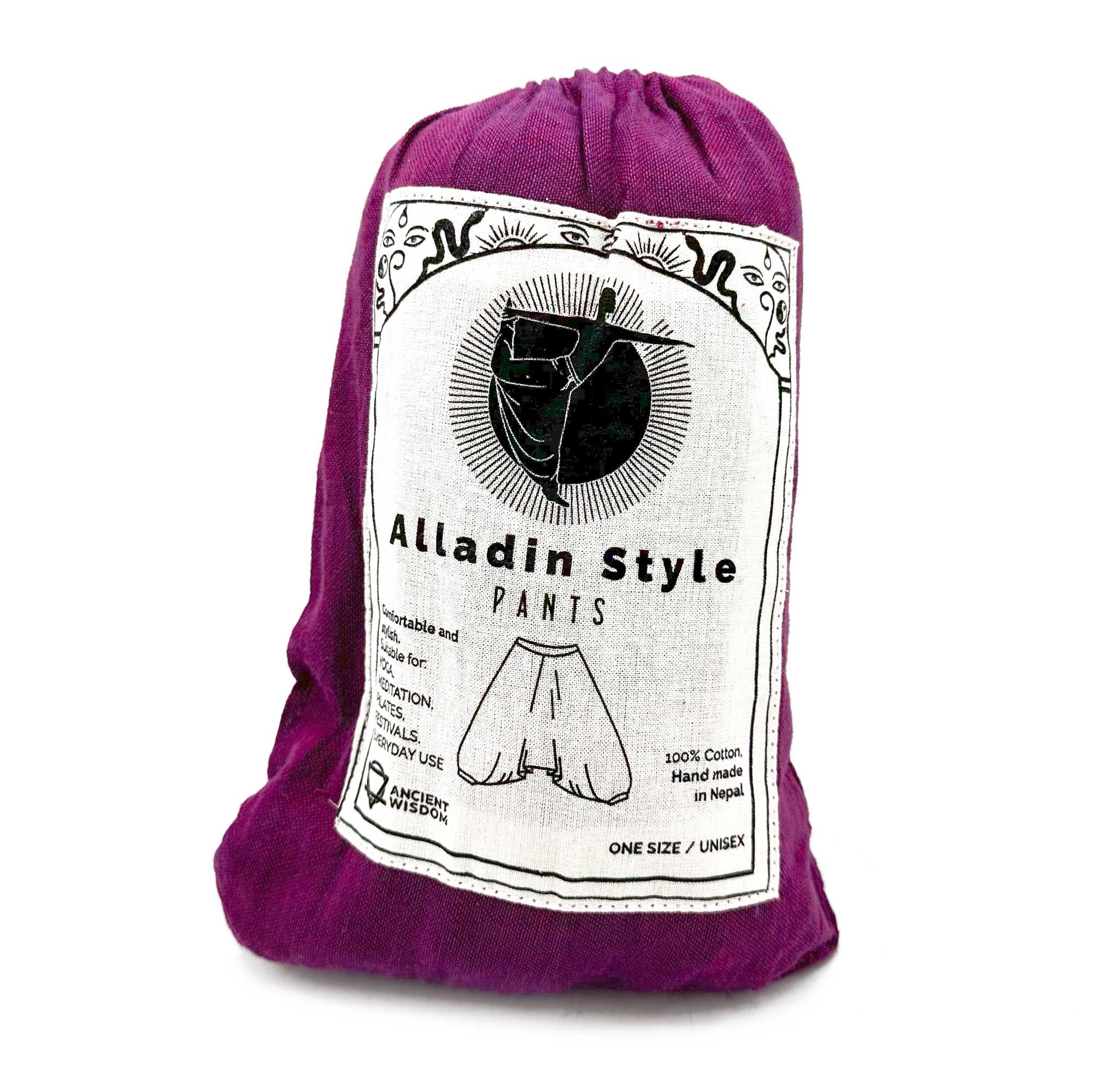 bG9jYWw6Ly9tZWRpYS85Ui9BRC82MFIzMEMxRzZXUjNBRDlSLzZkOGI0YjIzLmpwZWc.jpg Yoga and Festival Pants - Aladdin Himalayan Print on Purple - Image 4