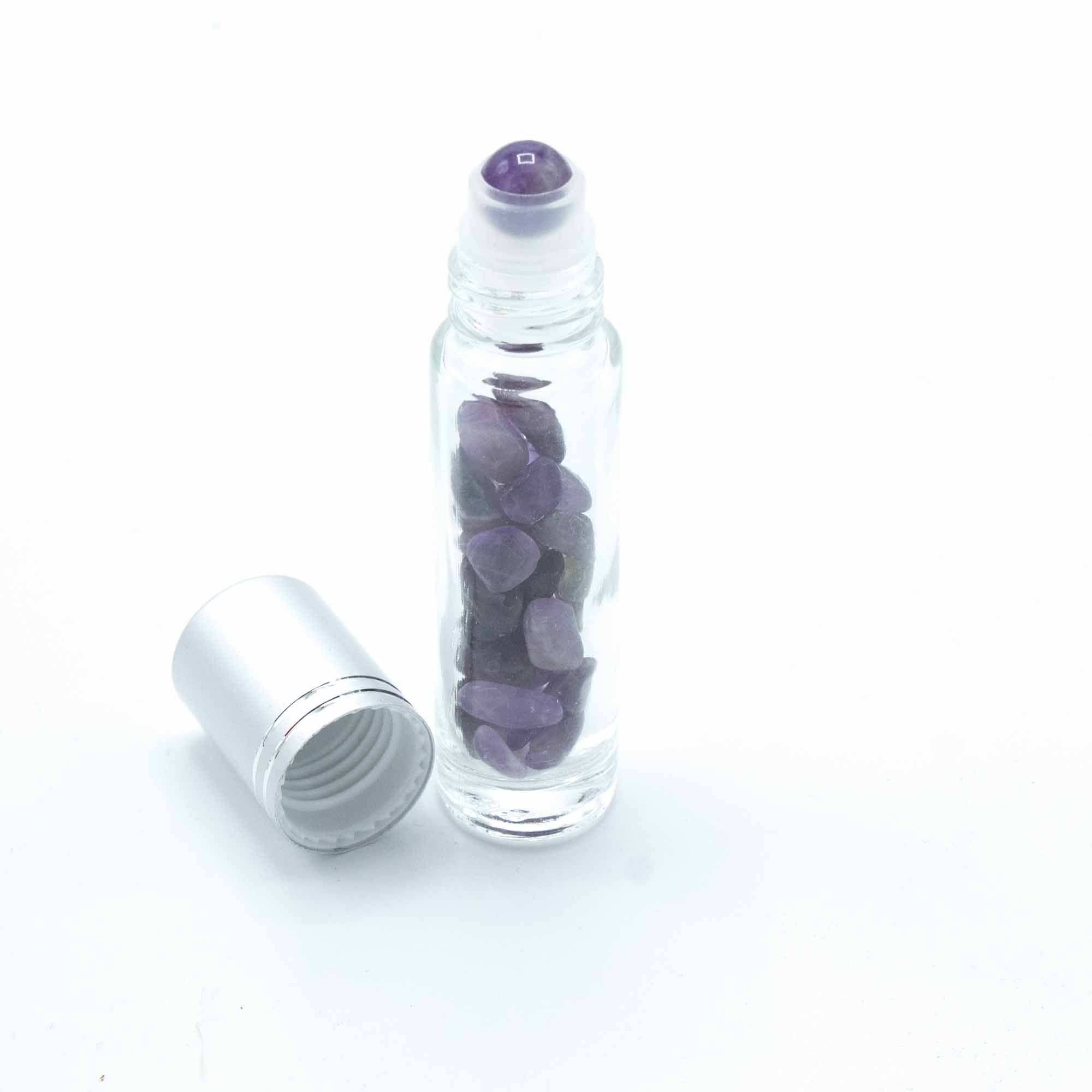 bG9jYWw6Ly9tZWRpYS85Ui9DRS82MFIzMEMxRzZSVktDRTlSLzk5ZGVlNDExLmpwZWc.jpg Gemstone Essential Oil Roller Bottle - Amethyst - Silver Cap - Image 4