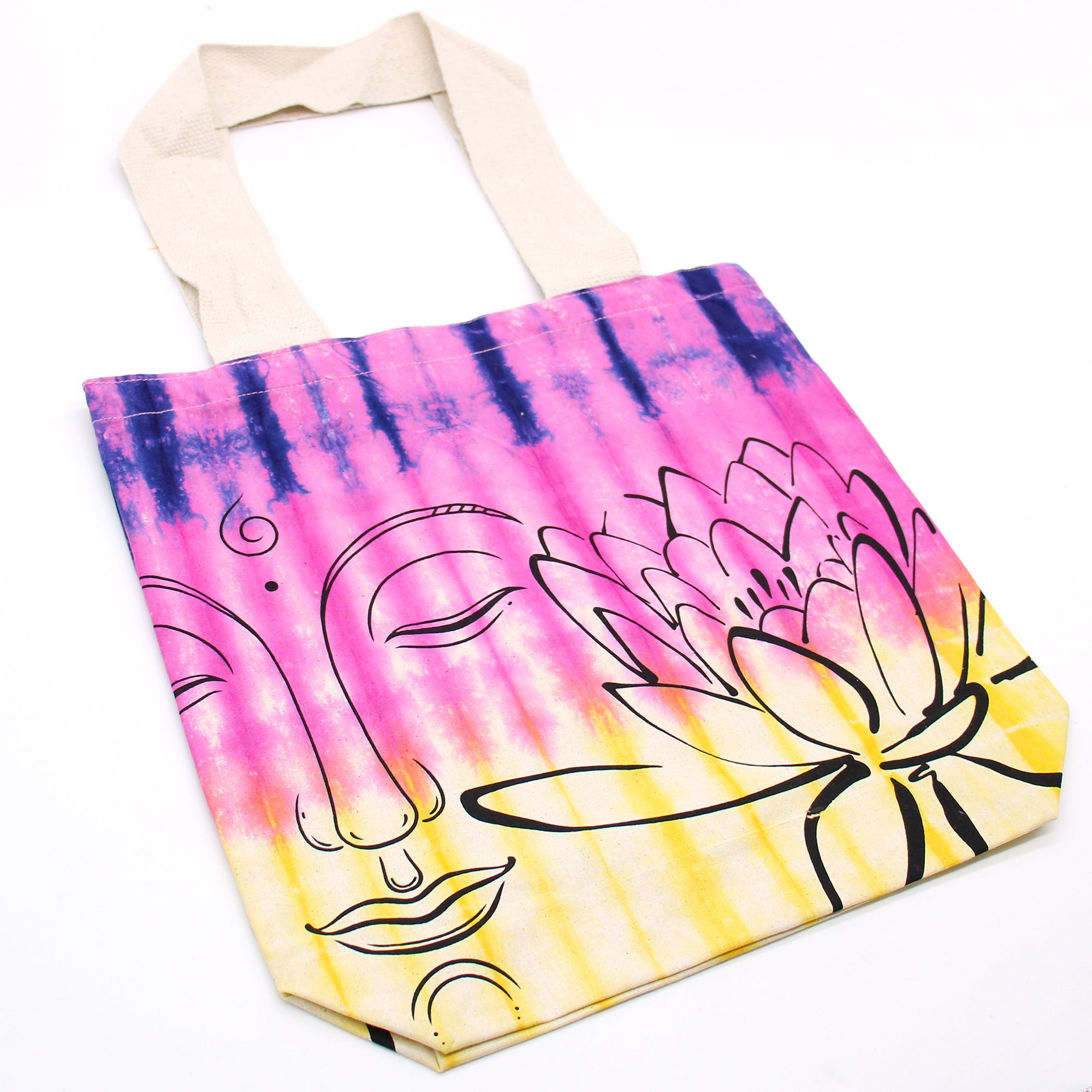 bG9jYWw6Ly9tZWRpYS85Uy8yQy82MFIzMEMxRzZSVzMyQzlTLzJhOTk2MTM4LmpwZWc.jpg Tye-Dye Cotton Bag (6oz) - 38x42x12cm - Lotus Buddha - Multi Col - Natural Handle - Image 3