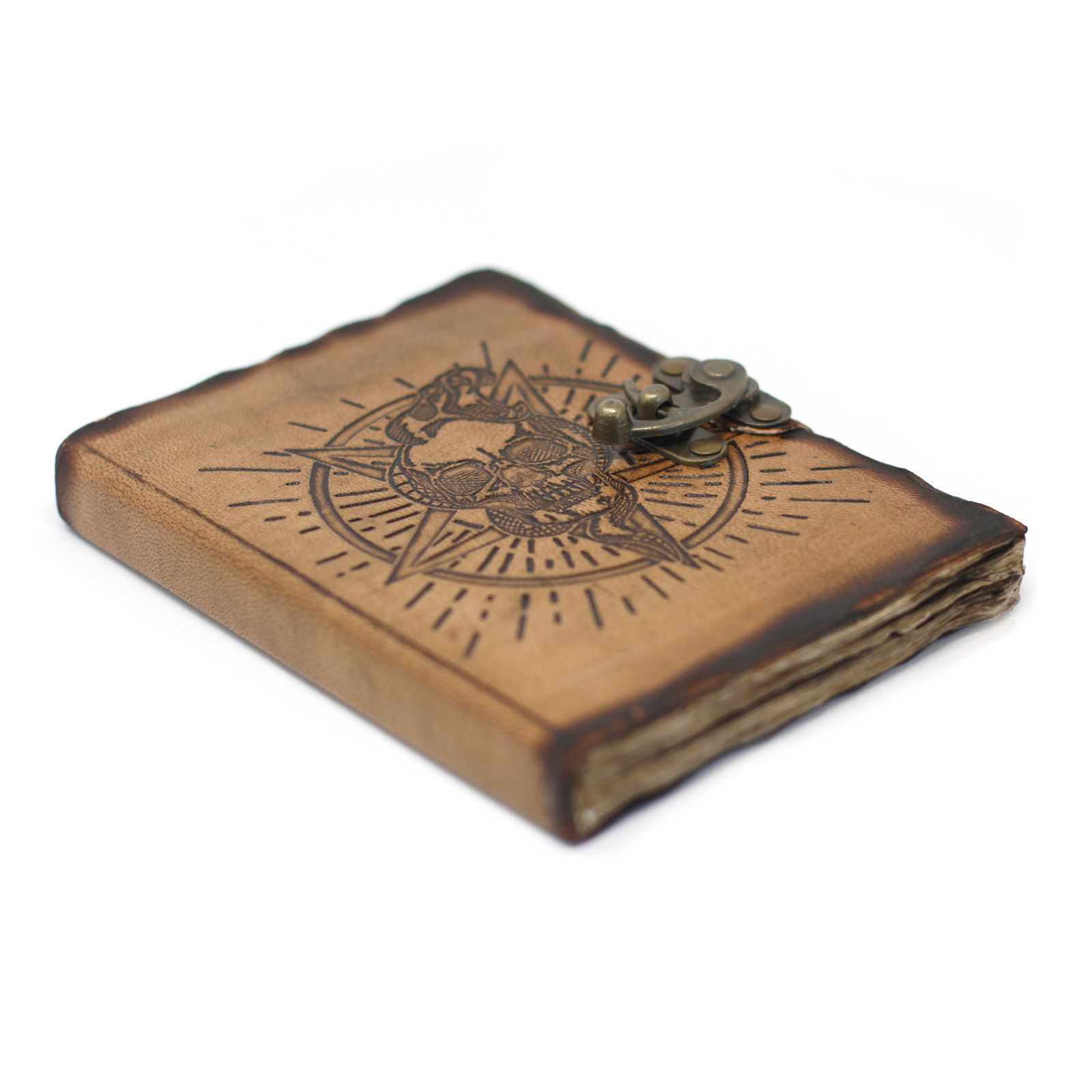 bG9jYWw6Ly9tZWRpYS8xUC80Qy82MFIzMEMxRzZNVjM0QzFQL2RhMjUwNmQ5LmpwZWc.jpg Leather Pentagon & Skull with Burns Detail Notebook (7x5") - Image 2