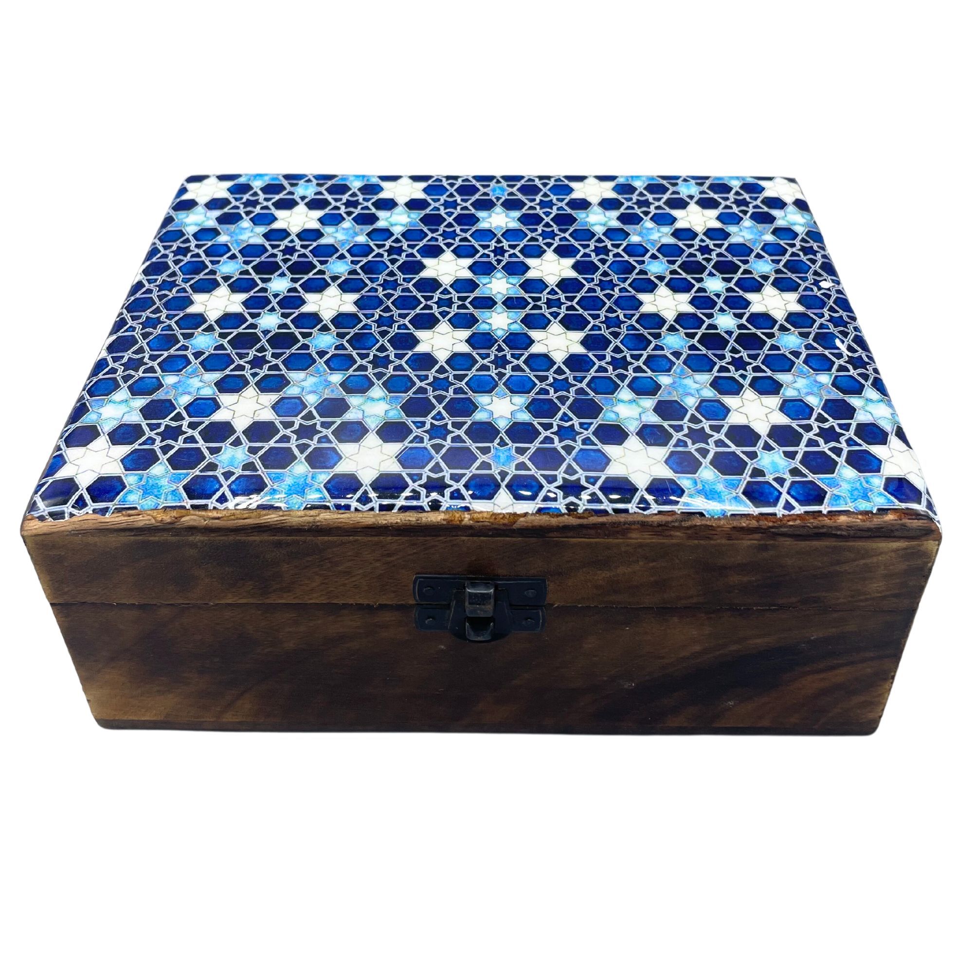 bG9jYWw6Ly9tZWRpYS8xUS8yRC82MFIzMEMxRzZXUksyRDFRLzNkZjg2NzEzLmpwZWc.jpg Large Ceramic Glazed Wood Box - 20x15x7.5cm - Blue Stars - Image 3