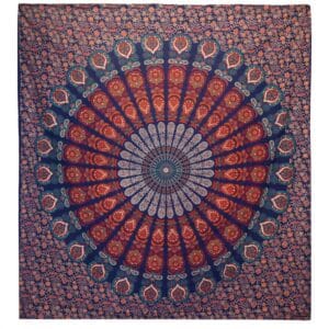 Double Cotton Bedspread + Wall Hanging - Peacock Mandala - Blue