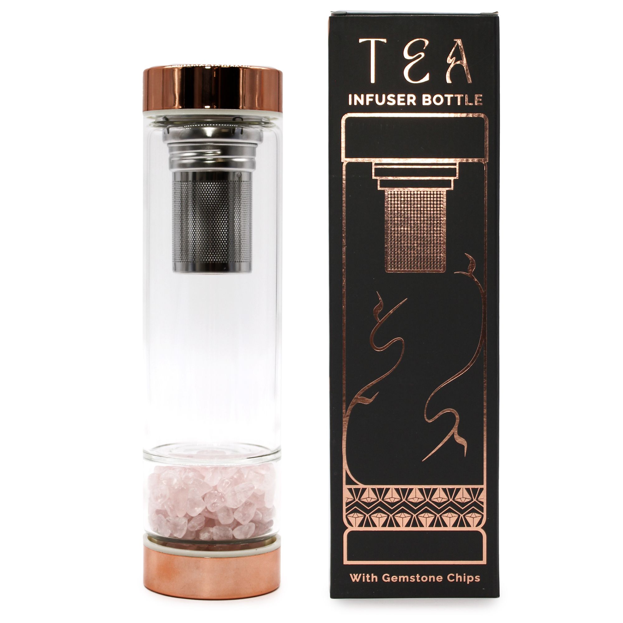 bG9jYWw6Ly9tZWRpYS8xUS9HRC82MFIzMEMxRzZSVktHRDFRLzMzMTJkZTlkLmpwZWc.jpg Crystal Glass Tea Infuser Bottle - Rose Gold - Rose Quartz