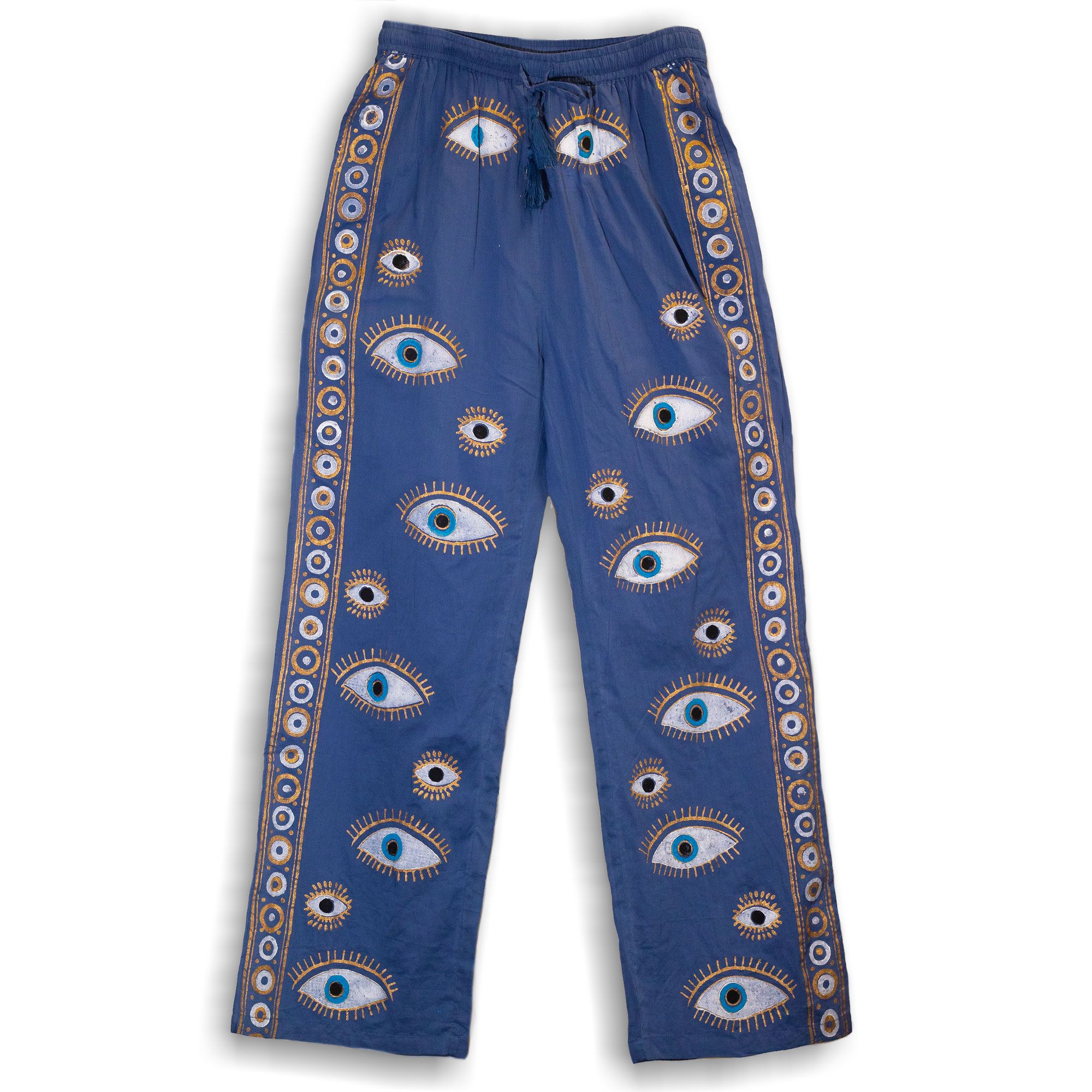 bG9jYWw6Ly9tZWRpYS9ISi84RC82MFIzMEMxSDc0UzM4REhKL2VjOWRjMmI3LmpwZWc.jpg (LXL) Nomad Sari On the Med Collection - Lounge Pants - Rich Blue & Gold Hand Painted Evil Eye Design - Image 2