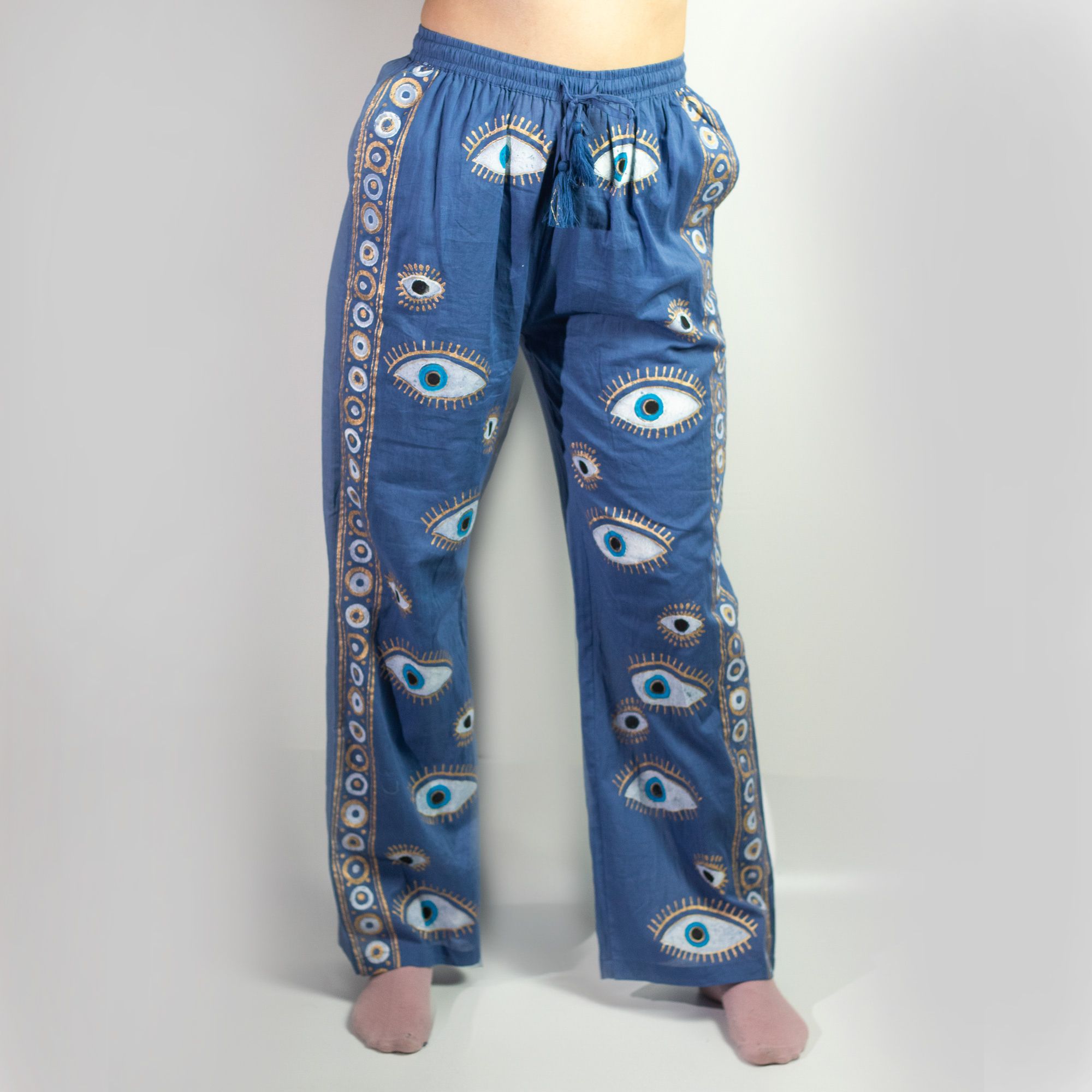 bG9jYWw6Ly9tZWRpYS9ITS84RC82MFIzMEMxSDc0UzM4REhNL2ViODMxZDIwLmpwZWc.jpg (LXL) Nomad Sari On the Med Collection - Lounge Pants - Rich Blue & Gold Hand Painted Evil Eye Design