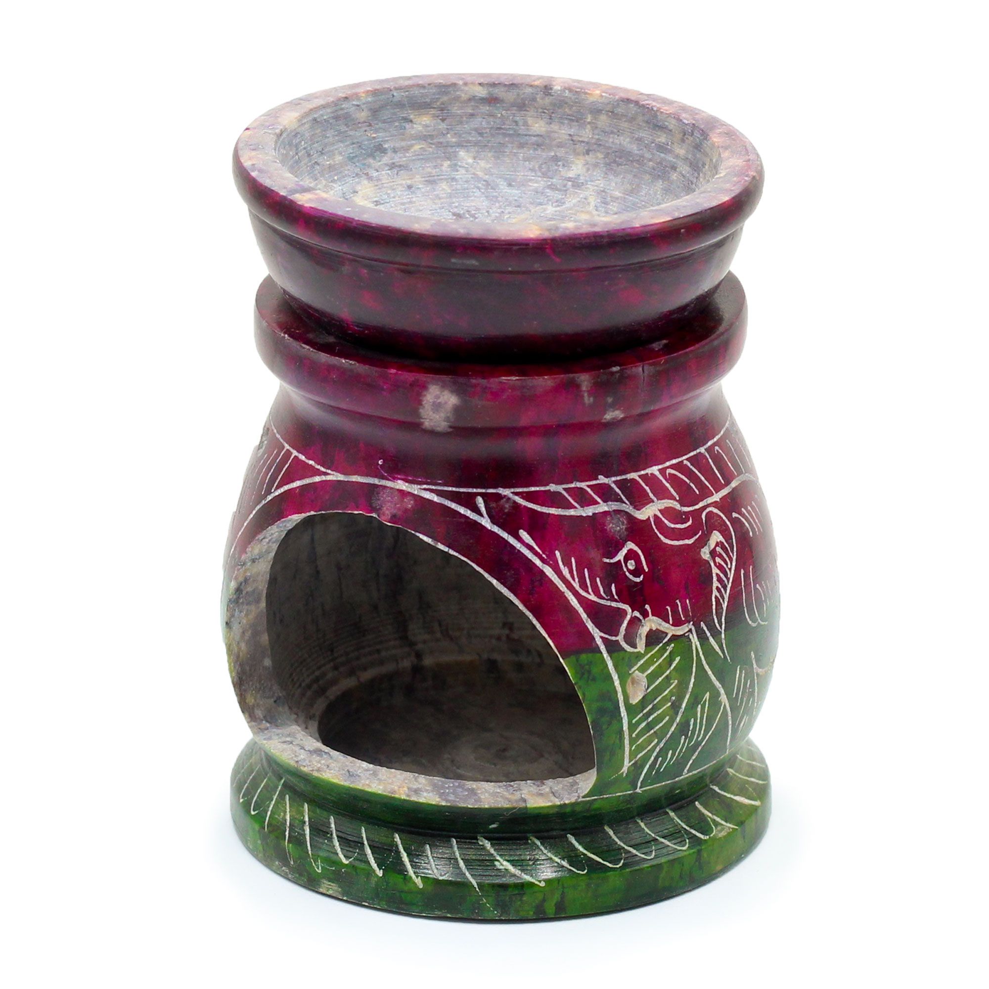 bG9jYWw6Ly9tZWRpYS9IUC84Qy82MFIzMEMxRzZXVDM4Q0hQL2IzMmI3M2RlLmpwZWc.jpg Small Coloured Soapstone Oil Burner 8cm - Om & Elephant