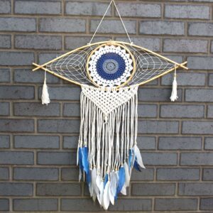 Protection Dream Catcher - Lrg Macrame Evil Eye White/ Blue/Grey