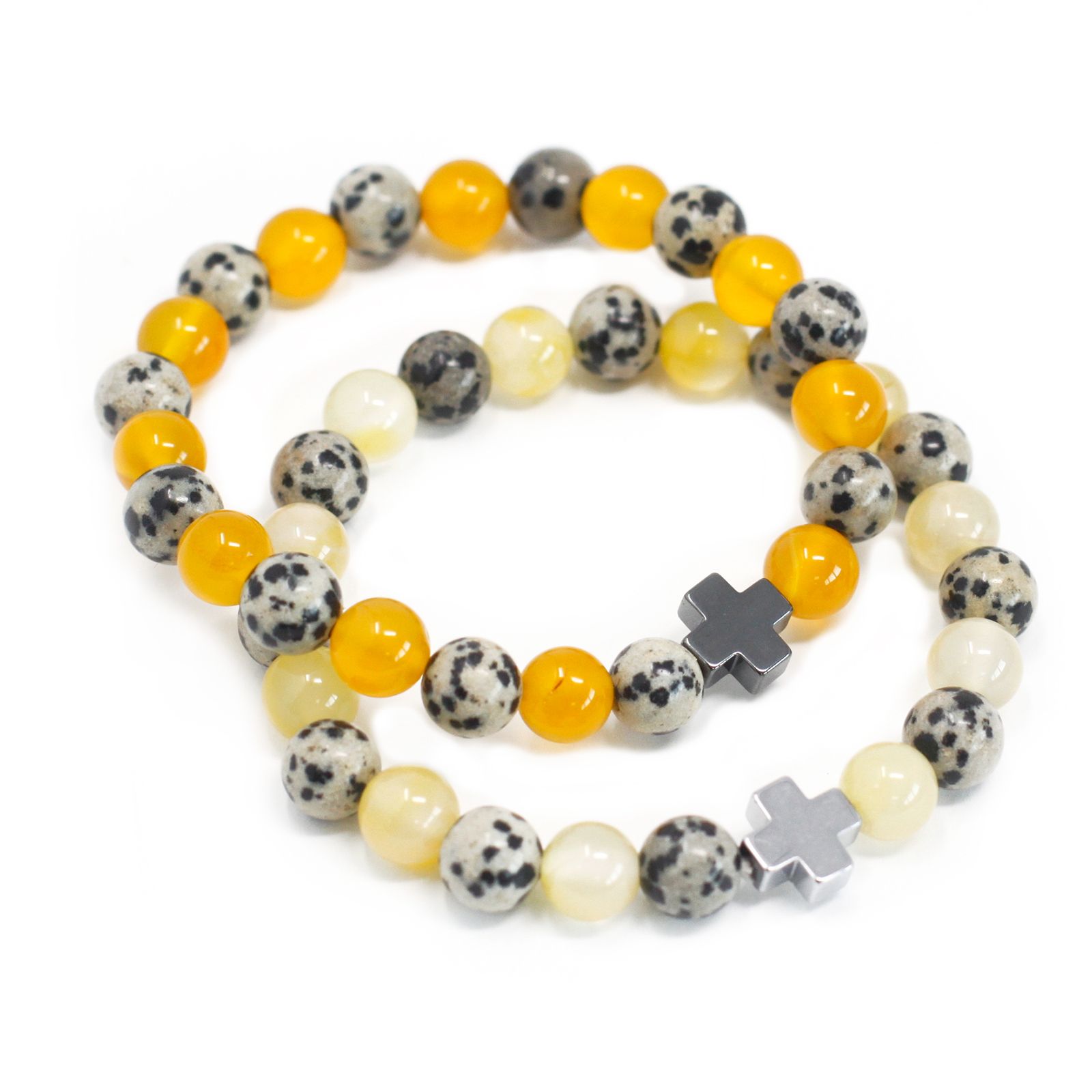 bG9jYWw6Ly9tZWRpYS9TRy9HRC82MFIzMEMxRzZNVktHRFNHLzc4YjE0YTdmLmpwZWc.jpg Set of 2 Gemstones Friendship Bracelets - Protection - Dalmatian Jasper & Yellow Agate