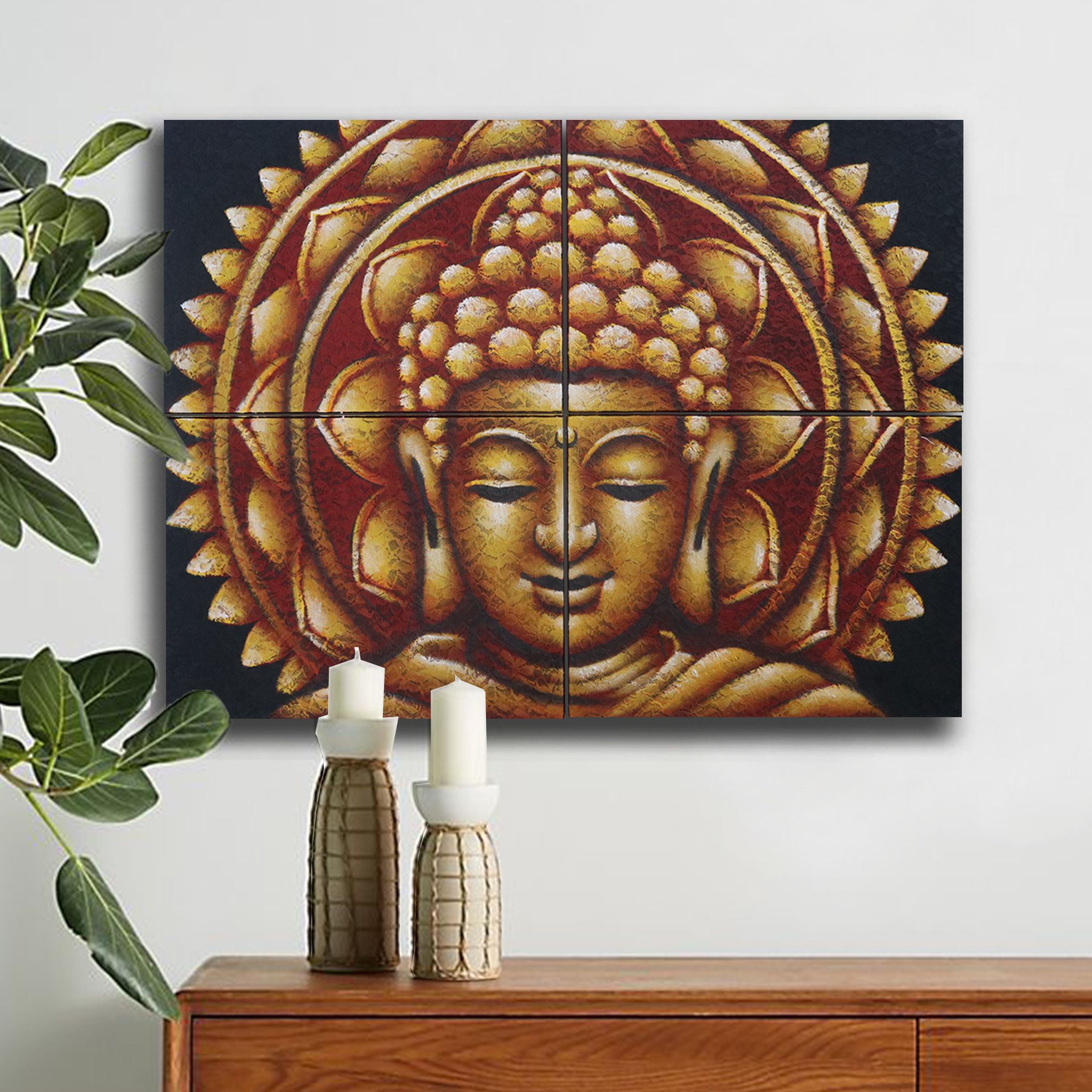 bG9jYWw6Ly9tZWRpYS9TSi9FRC82MFIzMEMxRzZSVktFRFNKLzU4OWNhY2ExLmpwZWc.jpg Set of 4 Gold Buddha Mandala Brocade Detail 30x40cm - Image 2