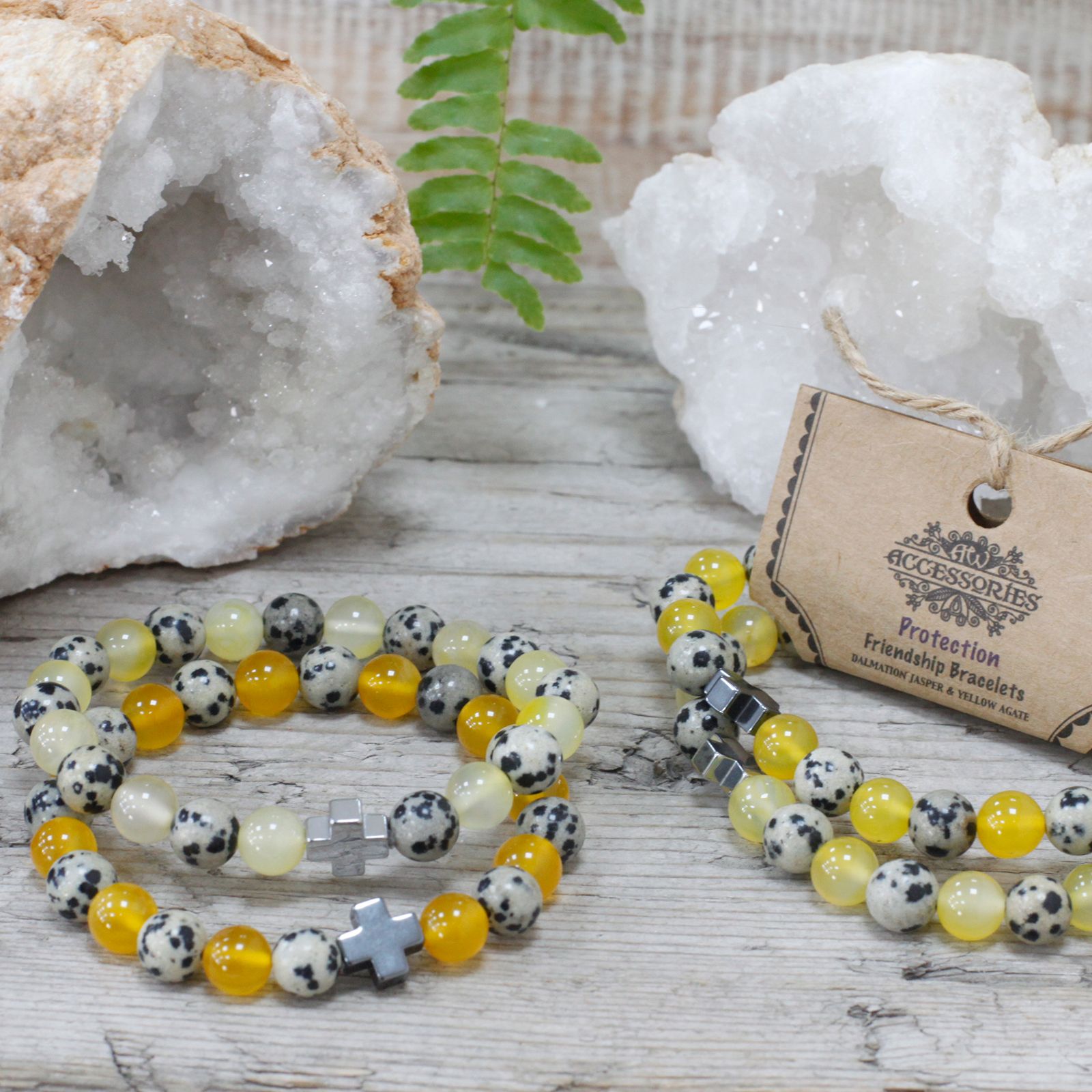 bG9jYWw6Ly9tZWRpYS9TSi9HRC82MFIzMEMxRzZNVktHRFNKL2E1NWE4ZDM3LmpwZWc.jpg Set of 2 Gemstones Friendship Bracelets - Protection - Dalmatian Jasper & Yellow Agate - Image 4