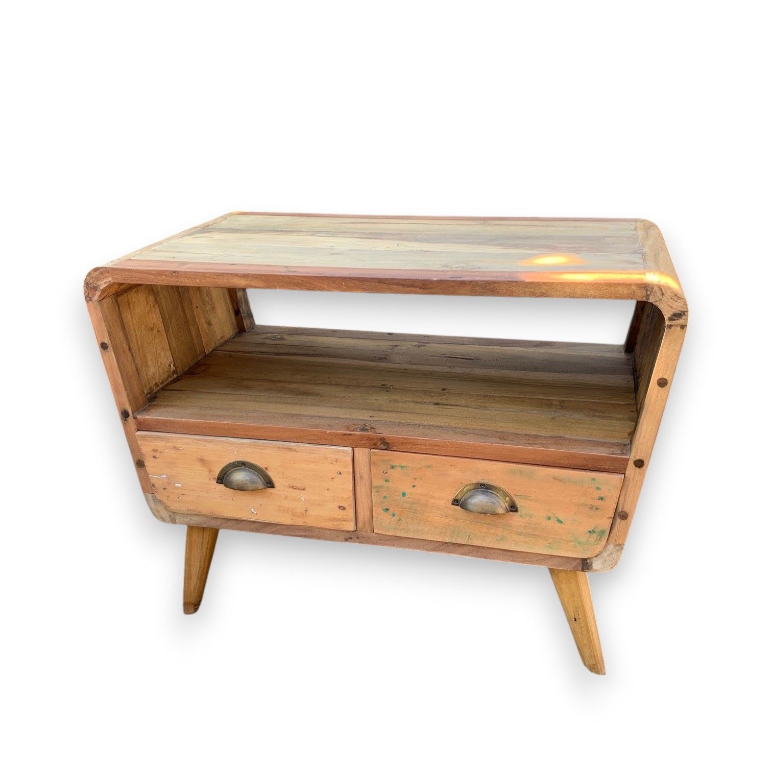 bG9jYWw6Ly9tZWRpYS9TUy9BRC82MFIzMEMxSDc0VktBRFNTLzc5ZDhiODgwLmpwZWc.jpg Small TV Stand with 2 Draws Round - Recycled Wood - Image 2