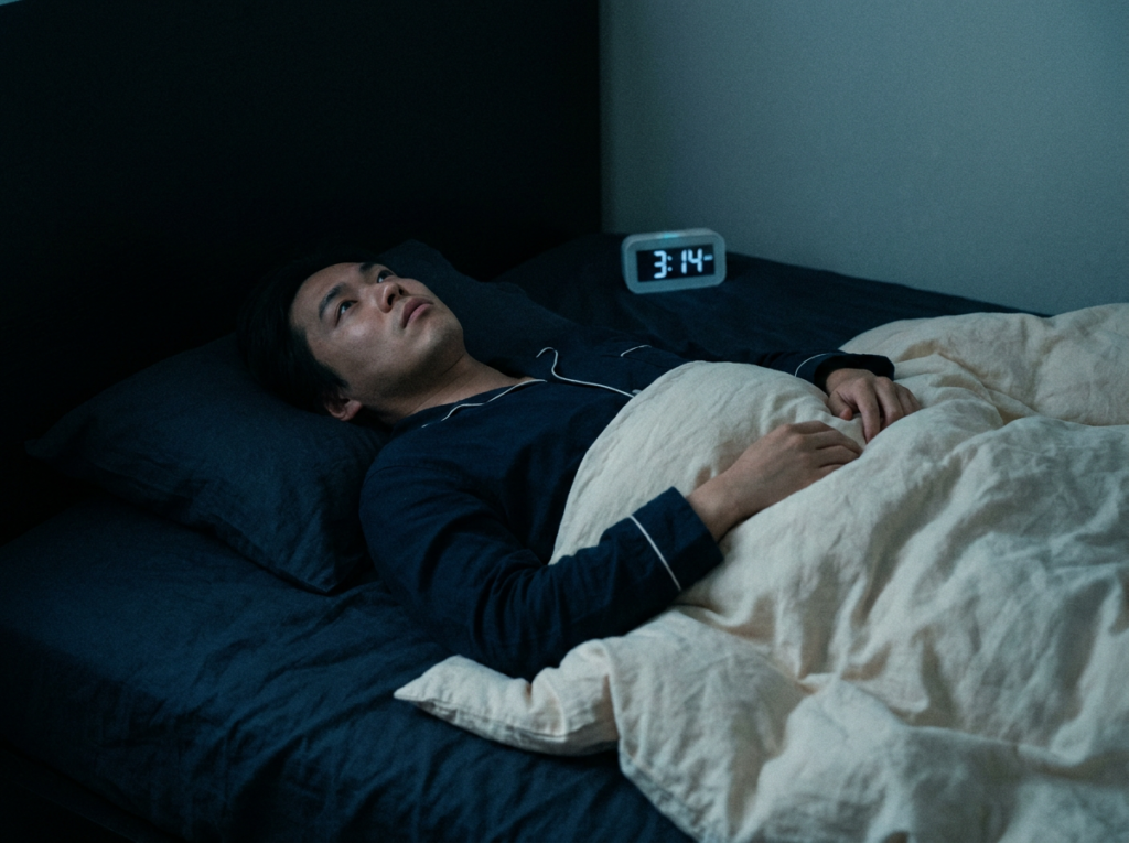 Man lying awake in bed at 3:14am unable to sleep - sleep aids and insomnia relief at The Global Lifestyle Hub