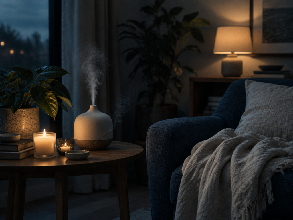 Calm cosy living room at dusk with aroma diffuser mist, candles and incense - home fragrance and calming decor at The Global Lifestyle Hub